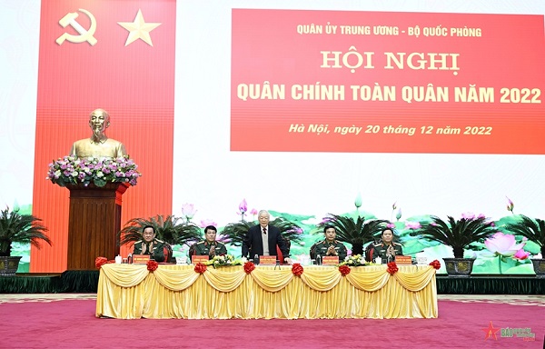  <br />
Tổng Bí thư Nguyễn Phú Trọng dự, chỉ đạo Hội nghị Quân chính toàn quân năm 2022. Ảnh: TUẤN HUY